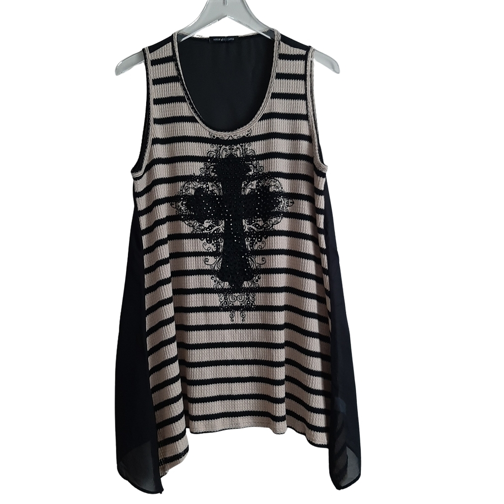 Voice of California Black And Cream Stripe Tank Top Sheer Back Size 1XL